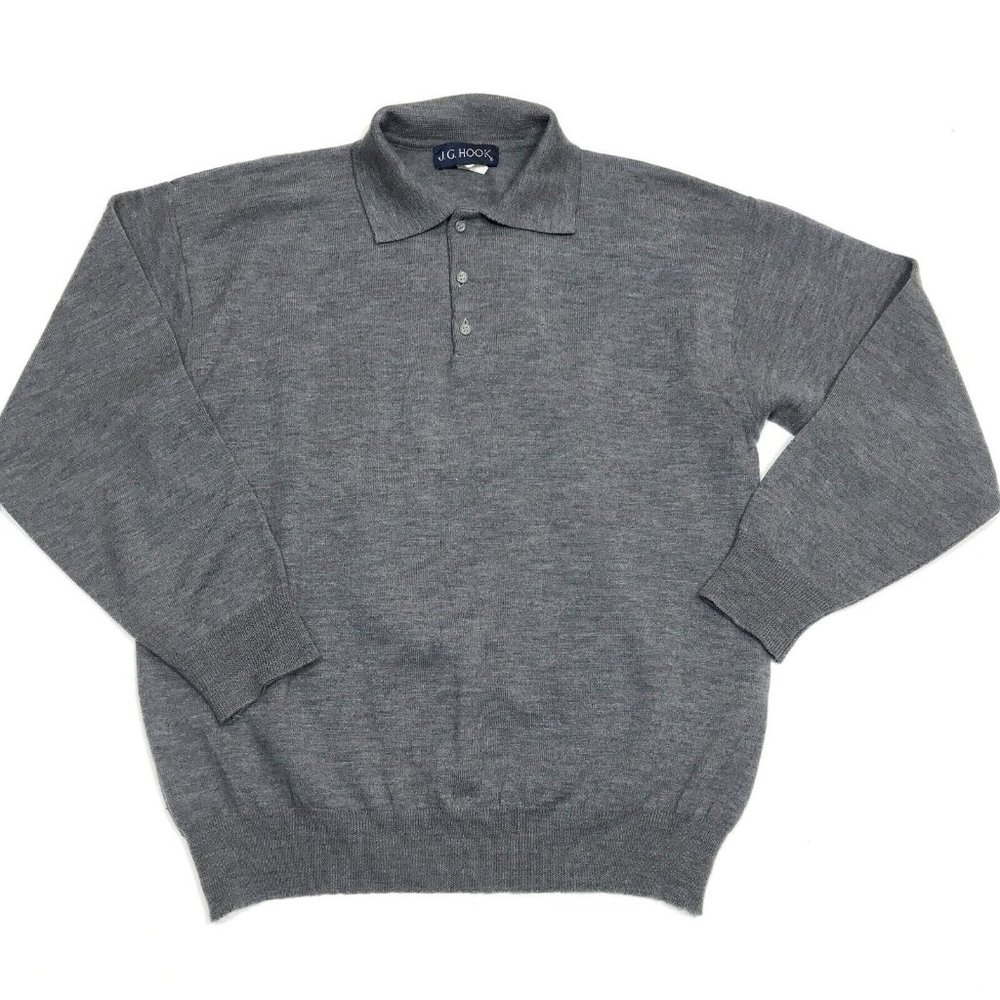 Vintage J.G. Hook Gray 100% Wool Long Sleeve Polo Pullover Sweater Mens XL